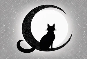 silhouette of full body black cat sitting on outline of crescent moon, simple, white background, no added details, not too busy tattoo idea