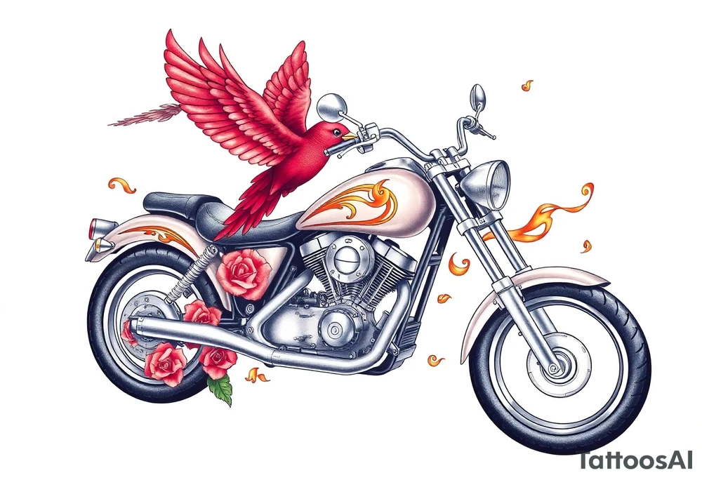 Motorcycle, red bird flying, roses and lace, flames tattoo idea