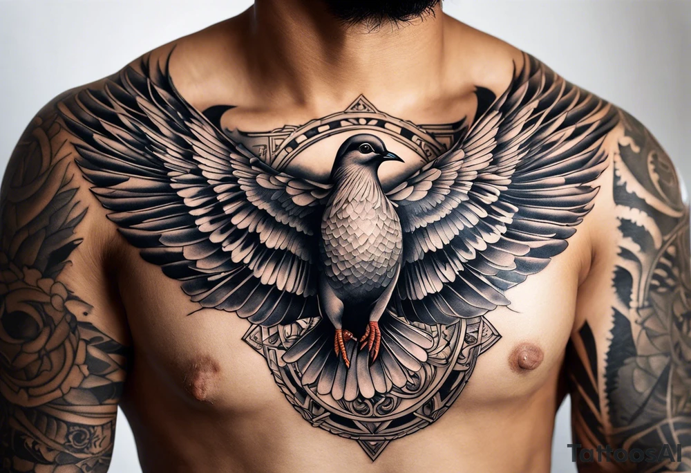 A full tattoo sleeve with a strong, masculine design, featuring a central motif of a majestic dove in flight, symbolizing peace and freedom. The dove is depicted with detailed feathers and dynamic movement, making it the focal point of the sleeve. Positioned subtly yet prominently, an intricately detailed eye within an equilateral triangle is incorporated into the design, representing the all-seeing eye or third eye. This eye is carefully shaded to blend seamlessly with the overall design, providing a symbolic layer without overshadowing the dove. Surrounding these elements, incorporate roses and leaves, rendered with rich, deep shading to create a cohesive and elegant backdrop. The roses, symbolizing beauty and resilience, and the leaves, adding a touch of natural grace, weave around the dove and eye, creating a harmonious and integrated look. The design features bold shading and contrasts, enhancing the details of both the dove and the floral elements, resulting in a powerful and balanced masculine sleeve with a blend of symbolic and artistic depth. tattoo idea