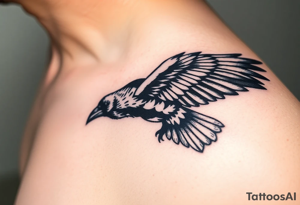 A detailed raven in mid-flight, wings spread wide with intricate feather patterns, symbolizing Tris’s journe and name TRIS tattoo idea
