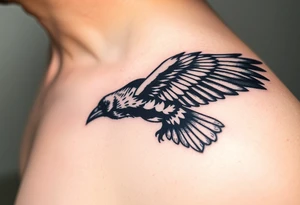 A detailed raven in mid-flight, wings spread wide with intricate feather patterns, symbolizing Tris’s journe and name TRIS tattoo idea