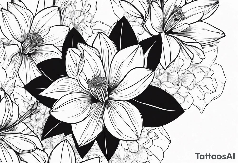 Black line work, delicate, narcissus flower with stem, add cursive uppercase I, finger tattoo tattoo idea