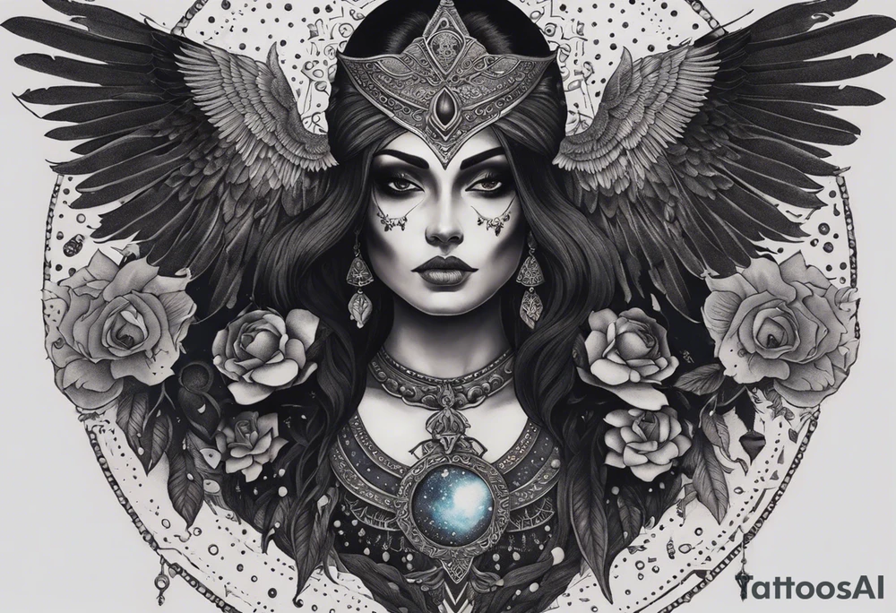 black kali, goddess pirate, alien, angel, pachamama, valkrye, warrior, flying, skull, lotus azul, wing, eagle, zenza resonance, stars, 5D, anahata chakra, death, durga, riding on a tiger, flying lady, chest tatoo tattoo idea