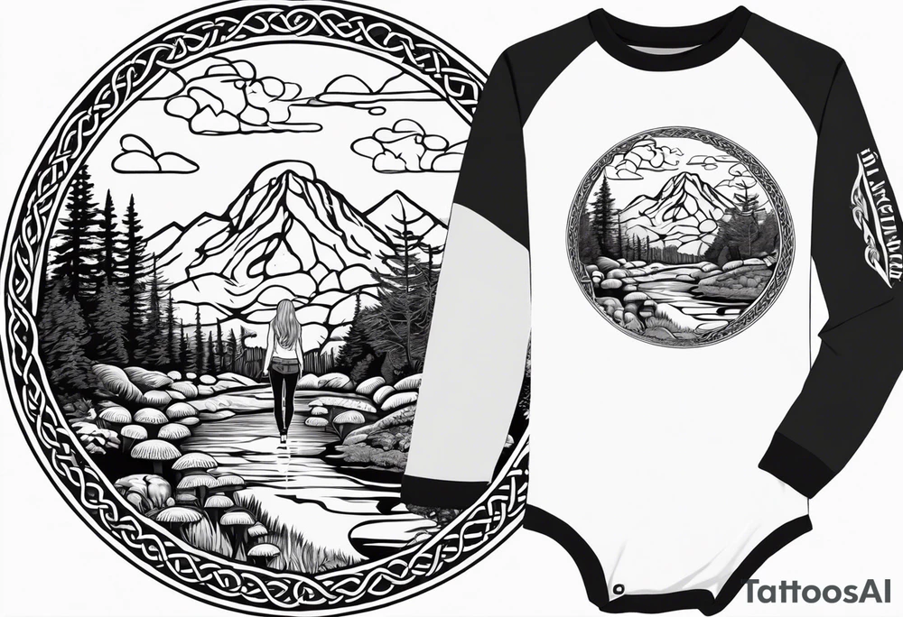 Whole picture encircled fully

Straight long blonde hair hippie girl in distance holding mushrooms in hand facing away toward mountains and creek surrounded by mushrooms long sleeve shirt and hiking pants; whole rendering within a full celtic circle border, no cut off circle tattoo idea