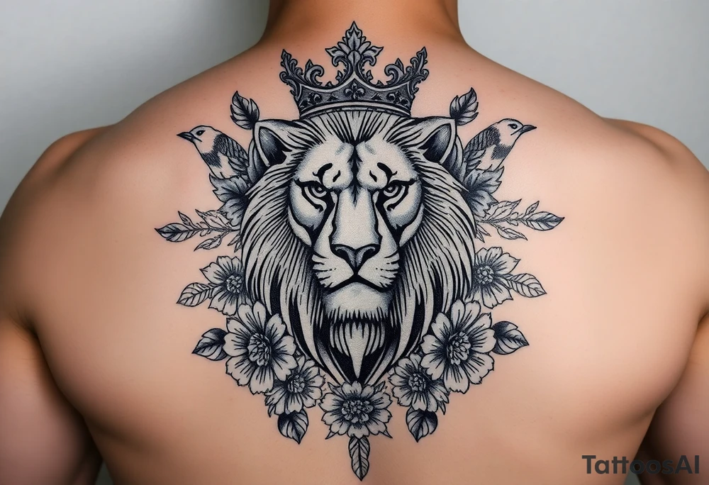 powerful majestic lion with a crown, surrounded by floral ornaments and birds tattoo idea