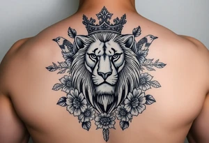 powerful majestic lion with a crown, surrounded by floral ornaments and birds tattoo idea
