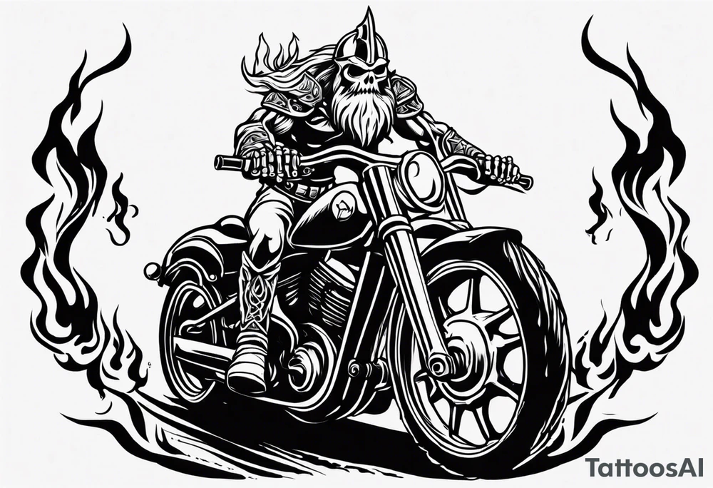 A viking skeleton riding a motorcycle with flames front view and a big viking face in the background tattoo idea