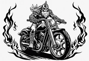 A viking skeleton riding a motorcycle with flames front view and a big viking face in the background tattoo idea