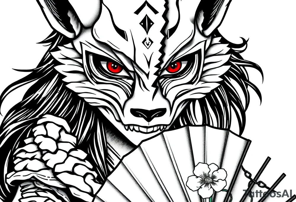 Woman samurai with red eyes wearing an half and broken fox mask, wearing a japanese fan with irises. tattoo idea