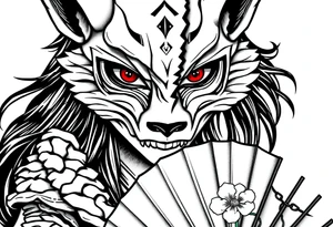 Woman samurai with red eyes wearing an half and broken fox mask, wearing a japanese fan with irises. tattoo idea