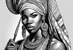 African woman warrior holding spear with deadlocks and earrings. tattoo idea