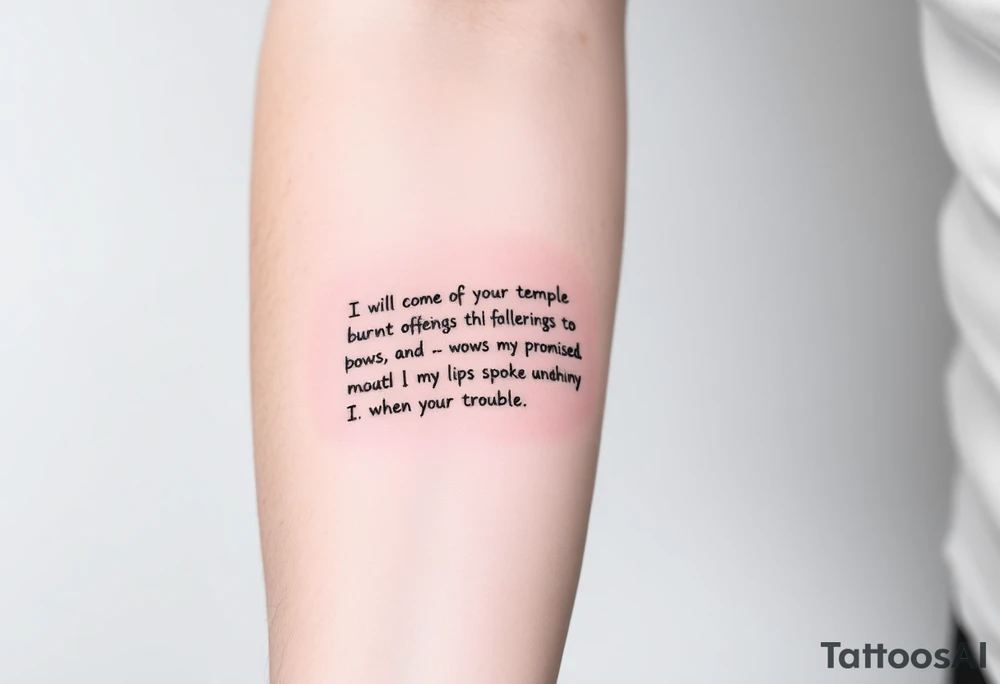 “I will come to your temple with burnt offerings and fulfill my vows to you— vows my lips promised and my mouth spoke when I was in trouble.” tattoo idea
