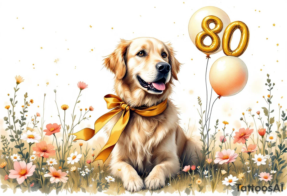 Imagine a golden retriever sitting in the middle of a blooming meadow, surrounded by soft sunlight and pastel-colored flowers. The dog has a large golden ribbon tied around its neck and cheerful balloons floating beside it, with the number "80" clearly displayed. Its expression is joyful and full of warmth. Above the scene, in elegant handwriting, a message reads:
“The entire Albi team warmly congratulates you on your life’s milestone!”
The overall style is soft, watercolor-inspired, perfect for a heartfelt greeting card filled with gentleness and gratitude. tattoo idea