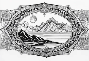 Rectangular arm tattoo around whole upper arm. Mandala inspired Design. Mountains, sea, Sky and moon are depicted. But everything seems to be upside down tattoo idea
