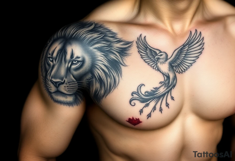 Lion face-on, phoenix face-on rising from ashes to night sky and subtle Leo zodiac tattoo idea