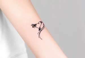 brown lab looking up at a bumble bee like it’s almost about to sniff it but they’re not touching. all black ink and fine line tattoo idea