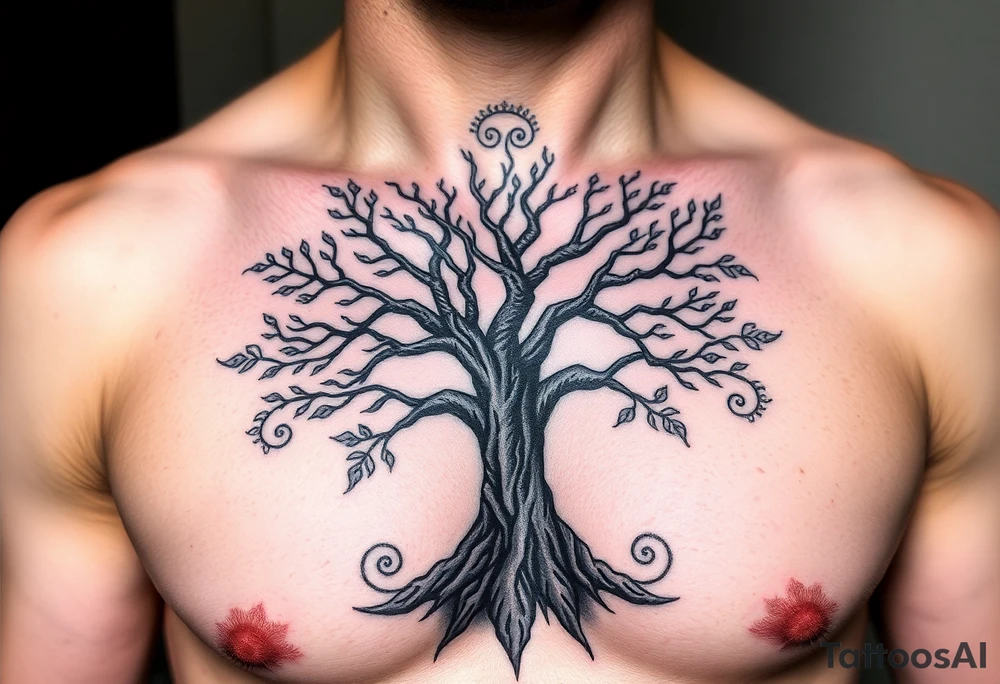 Detailed tree of life tree with designs around it with a lot of shading tattoo idea