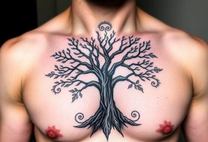 Detailed tree of life tree with designs around it with a lot of shading tattoo idea
