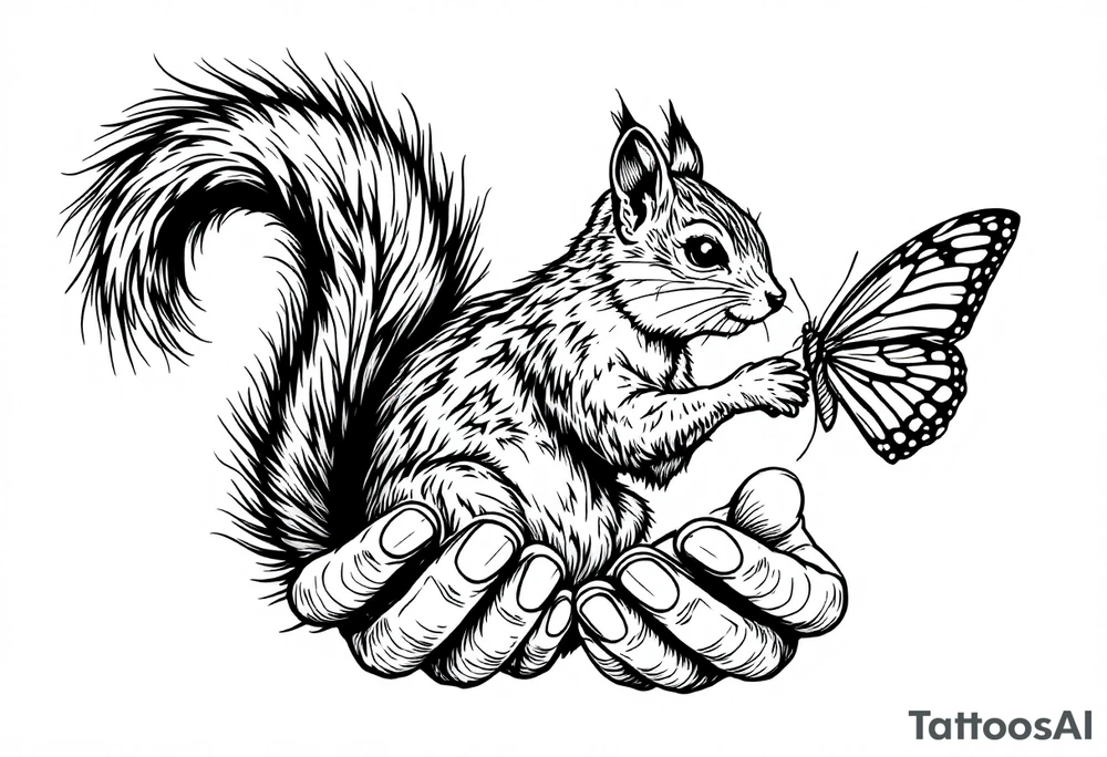 A Squirrel with a butterfly in hands tattoo idea