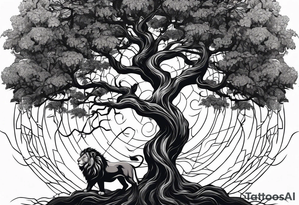 Full Tree with roots turns into lion head tattoo idea