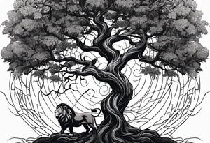 Full Tree with roots turns into lion head tattoo idea