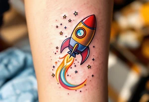 A playful rocket ship blasting off in vibrant reds and oranges, trailing stars that form the son’s initials in the sky. tattoo idea