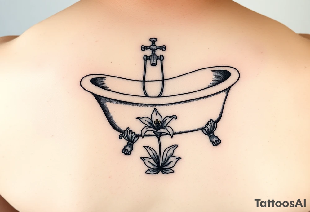 clawfoot bathtub with simple faucet and lily coming up out of the tile floor tattoo idea