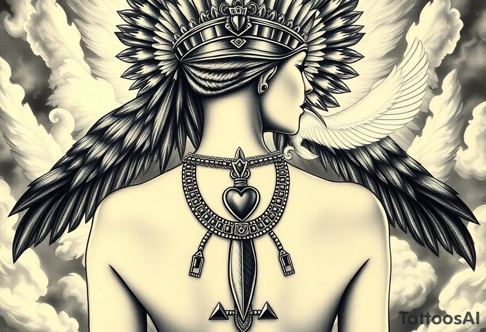 Beautiful Egyptian goddess with a curvy sexy body. She is wearing an ostrich feather headdress, and intricate ancient Egyptian jewelry the Anhk necklace. Background includes something similar to heaven. Incorporate the Scales of Justice—one side holding a heart, the other Ma’at’s feather—glowing with ethereal energy. Emphasize dramatic lighting, deep shadows, and surreal, mystical atmosphere tattoo idea