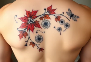 Create a vine with Maple leaves in red, orange and brown and gerbera daisies connected with thin swirly lines. Add in a dandelion wish and a dragonfly tattoo idea