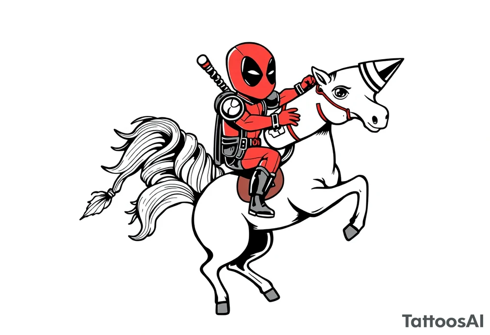 Deadpool riding cartoon unicorn shooting Rocket tattoo idea