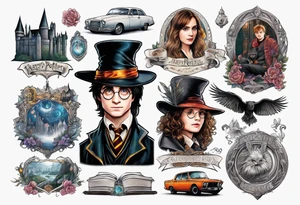 Cohesive sleeve with elements from 1984, Harry Potter, a series of unfortunate events, tattoo idea