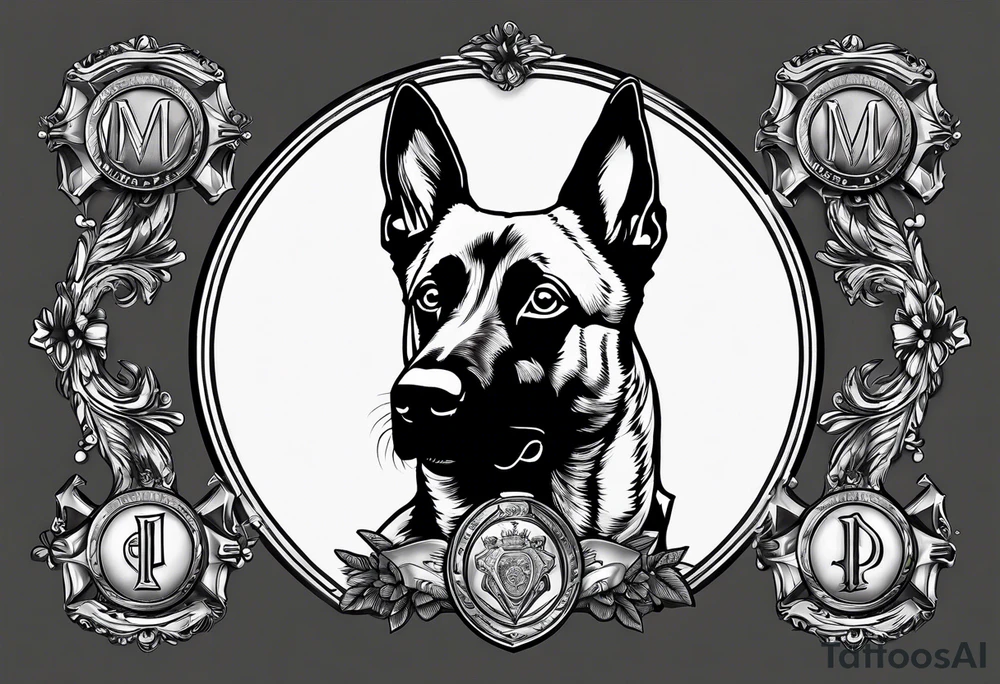 Belgian Malinois dog   Front facing with a badge tattoo idea