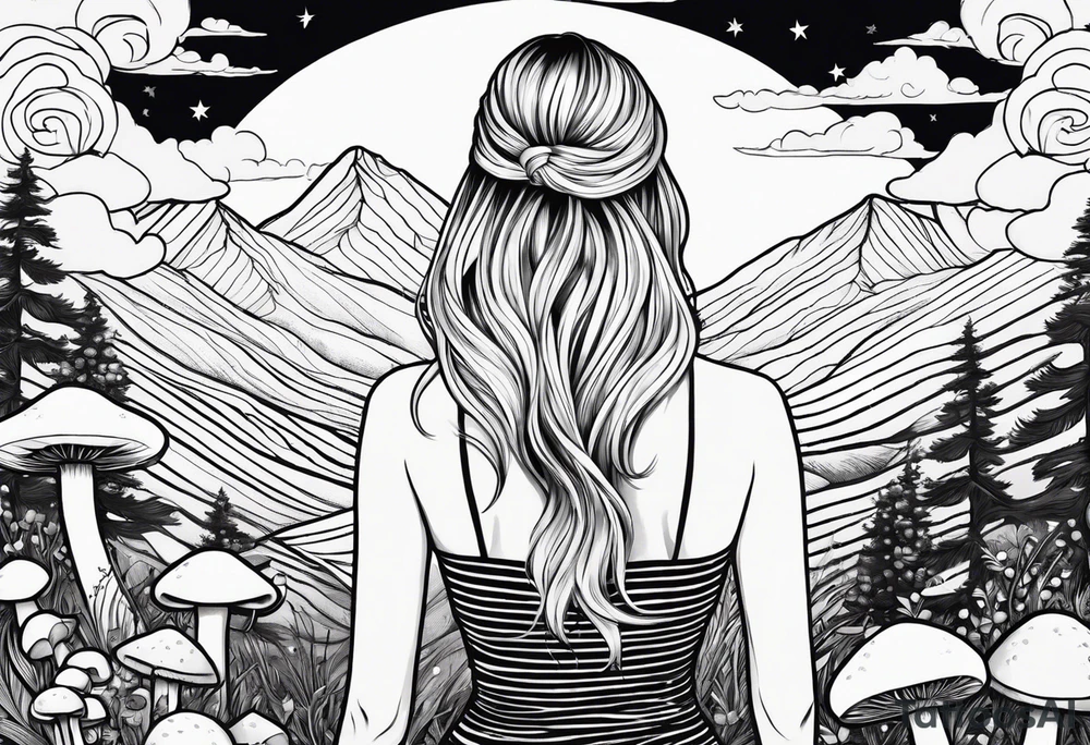 Straight blonde hair girl facing away toward mountains surrounded by mushrooms crescent moon circular design black and white striped dress tattoo idea