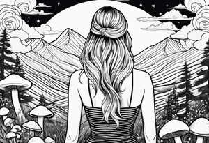 Straight blonde hair girl facing away toward mountains surrounded by mushrooms crescent moon circular design black and white striped dress tattoo idea