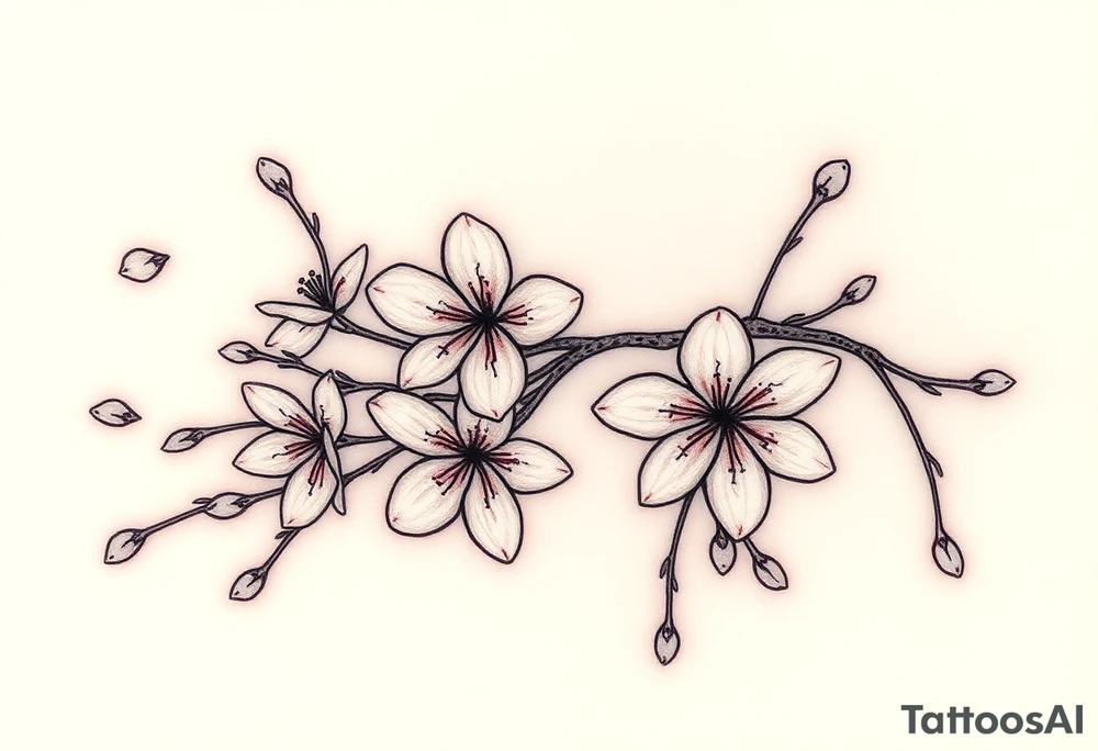 delicate cherry blossoms swirling in spring breeze with petals tattoo idea