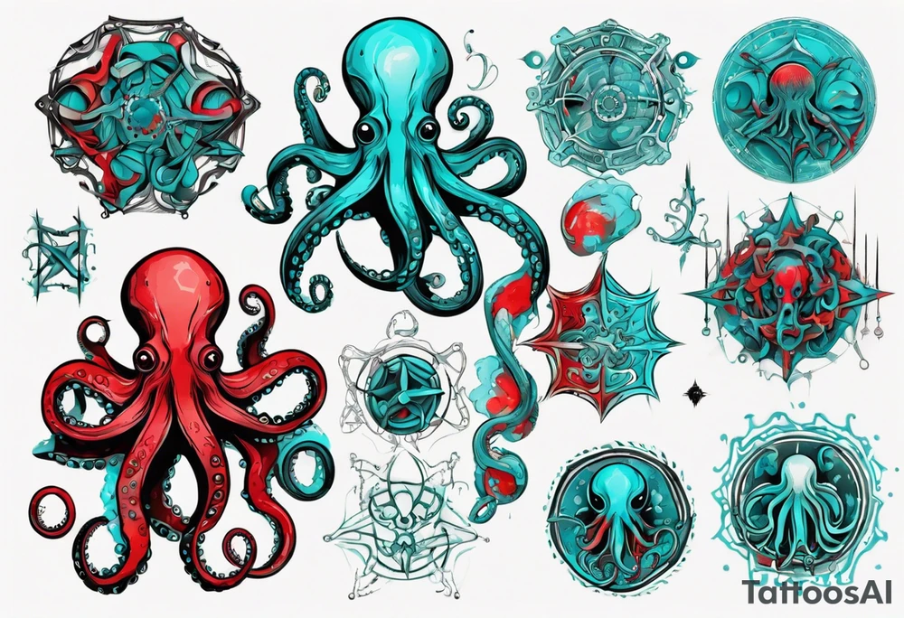 an art in the style of abstract, lovecraft, octopus, textured pigment planes, red and cyan, stencil art tattoo idea