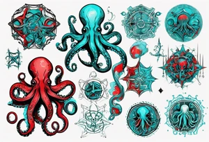 an art in the style of abstract, lovecraft, octopus, textured pigment planes, red and cyan, stencil art tattoo idea