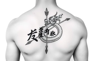 japanese writing with bow and arrow with dragon wrapped around on chest tattoo idea