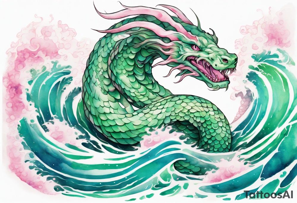 a gentle green-eyed Falkor sea-serpent hybrid with turquoise and pink scales emerging from the waves tattoo idea