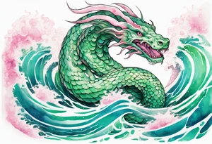 a gentle green-eyed Falkor sea-serpent hybrid with turquoise and pink scales emerging from the waves tattoo idea