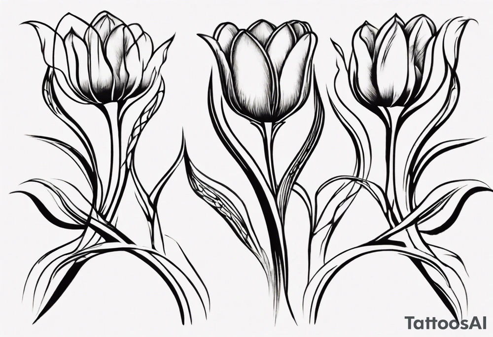 Generate a compelling tattoo design featuring three tulips with intertwining stems. Emphasize the graceful entwining of the stems, creating a harmonious and visually captivating composition. Each tulip should showcase distinct characteristics, from the delicate curves of the petals to the intricate details of the stamen. Consider incorporating elements that symbolize unity, growth, and interconnectedness. Capture the essence of nature's beauty while ensuring the overall design is balanced and aesthetically pleasing. tattoo idea