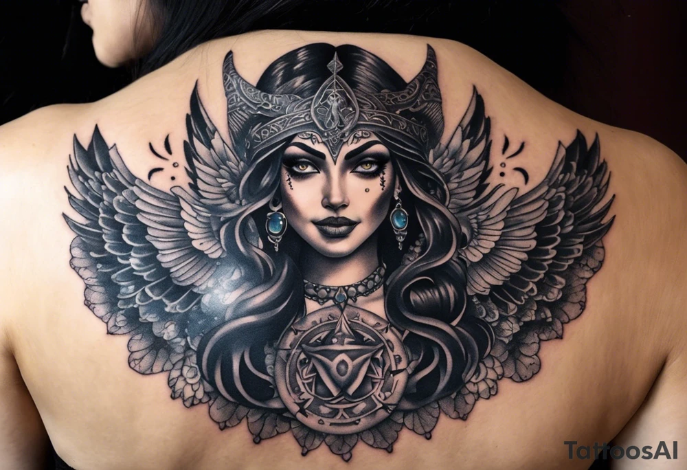 black kali, goddess pirate, alien, angel, pachamama, valkrye, warrior, flying, skull, lotus azul, wing, eagle, zenza resonance, stars, 5D, anahata chakra, death, durga, riding on a tiger, flying lady, chest tatoo tattoo idea