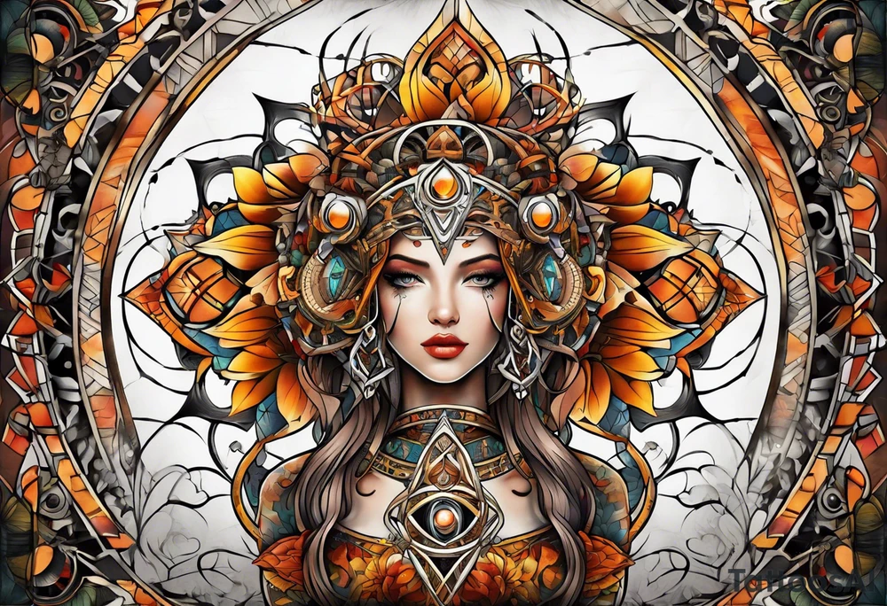 front knee tattoo with sacred geometry, swirls & washes, background and in fall colors tattoo idea