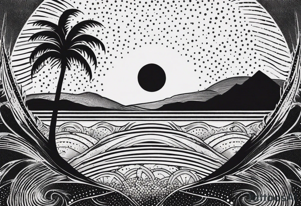 palm tree front of a sun and waves tattoo idea