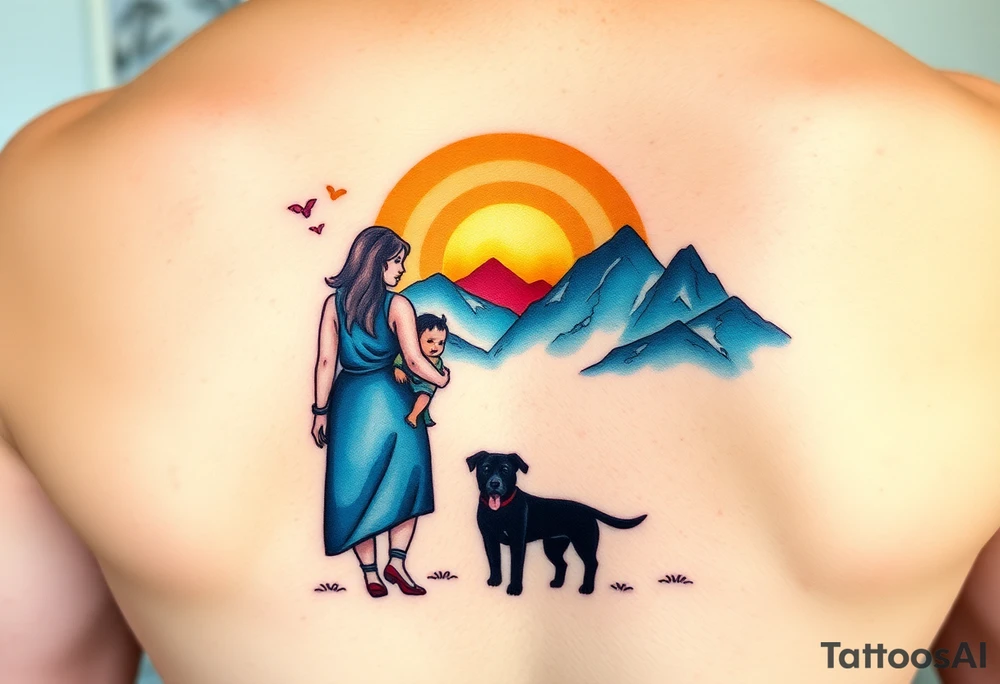 Family 2 parents, 1 baby boy, one 3-year girl and one black dog walking through the the sunset and mountains tattoo idea