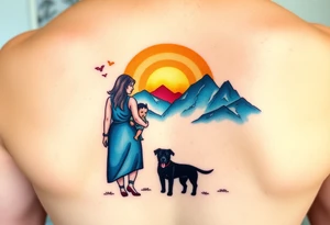 Family 2 parents, 1 baby boy, one 3-year girl and one black dog walking through the the sunset and mountains tattoo idea