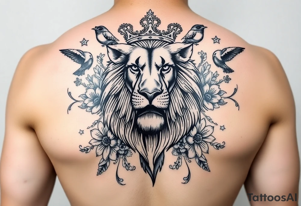 powerful majestic lion with a crown, surrounded by floral ornaments and birds tattoo idea
