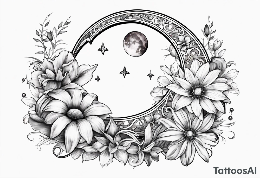 Crescent moon with daisy's, lily’s, crystals, and mushrooms tattoo idea