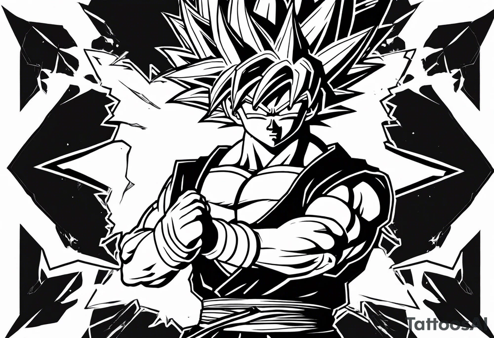 paint son goku as a super saiyajin 2, doing a kamehameha. sourround him by his friends and his family. all of them are displayed as a papercut tattoo idea