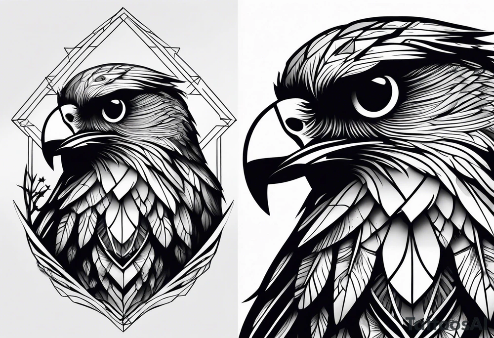 Owl, raven, eagle cuddled in a nest, looking down into the nest tattoo idea